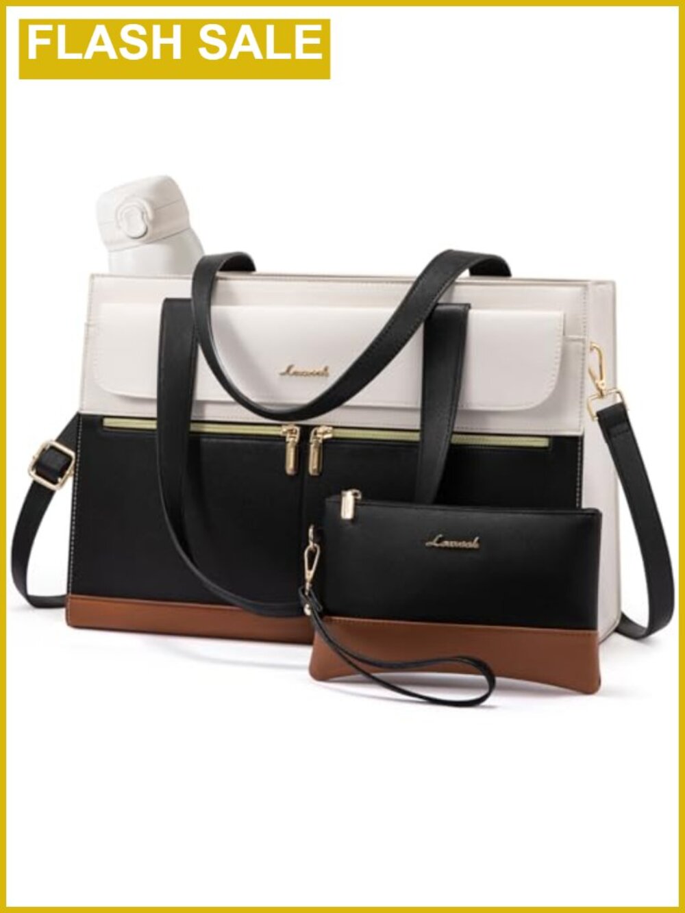 Leather Laptop Tote for Women 15.6 Inch Work Bag with Clutch